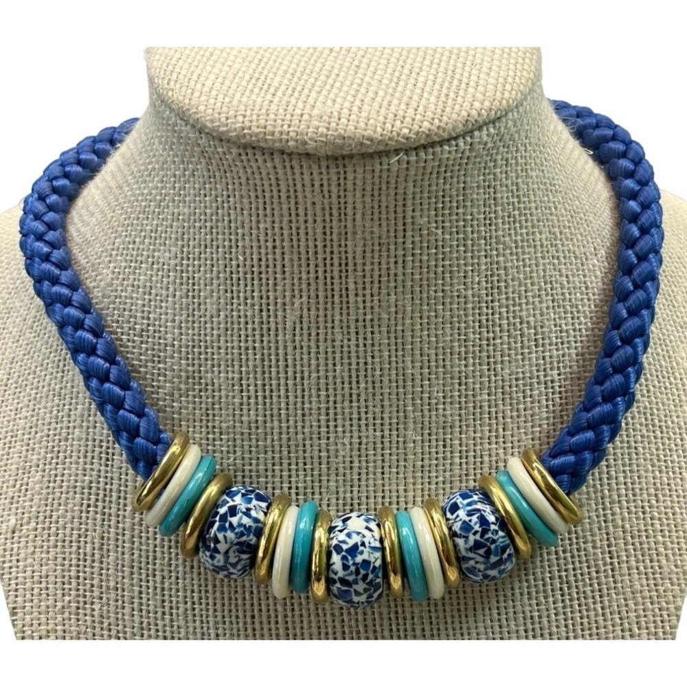 Blue Rope Choker Beaded Necklace Gold Tone 13"